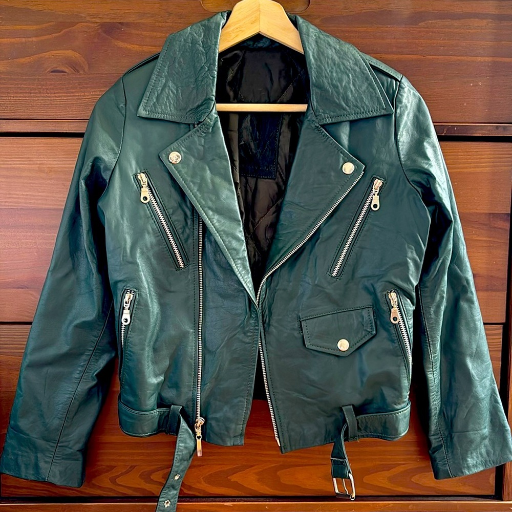 Army green leather jacket GUC